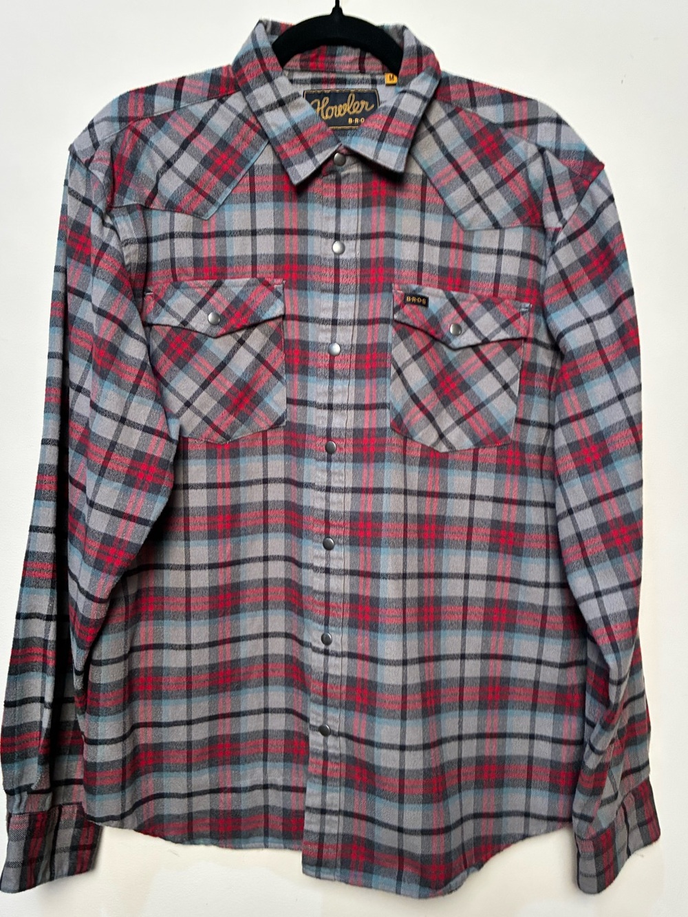 Howler Brothers - Snaps, Red & Gray Plaid Western Button-Down Flannel - MEDIUM